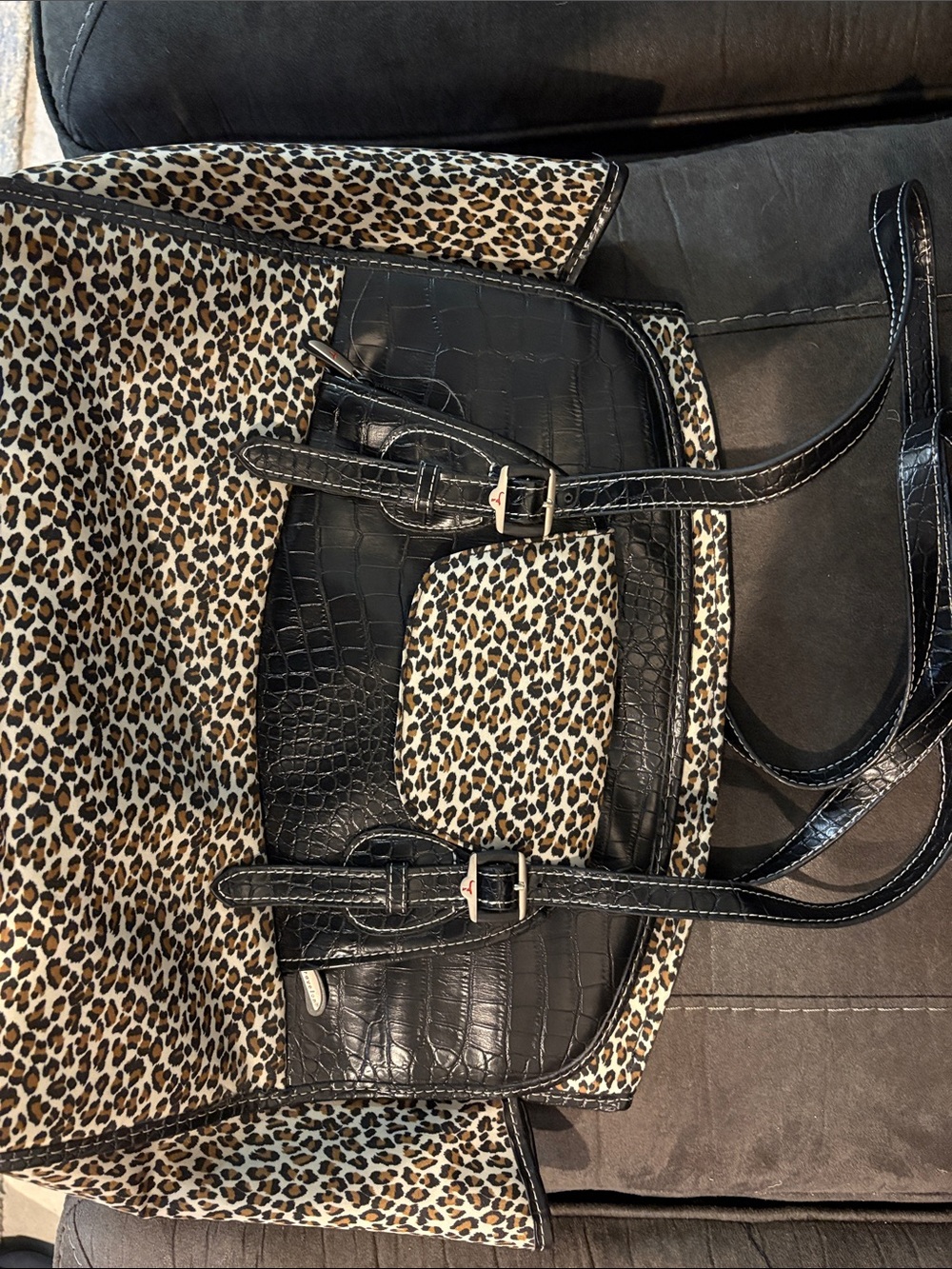 Travelon Leopard Print Tote with Black Croc-Texture Trim